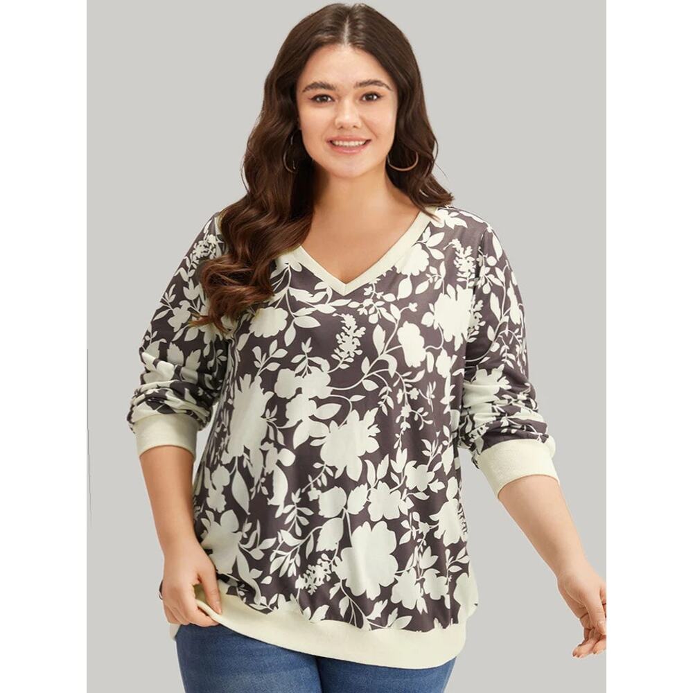 BloomChic Floral V-Neck Sweatshirt - Black and Cream